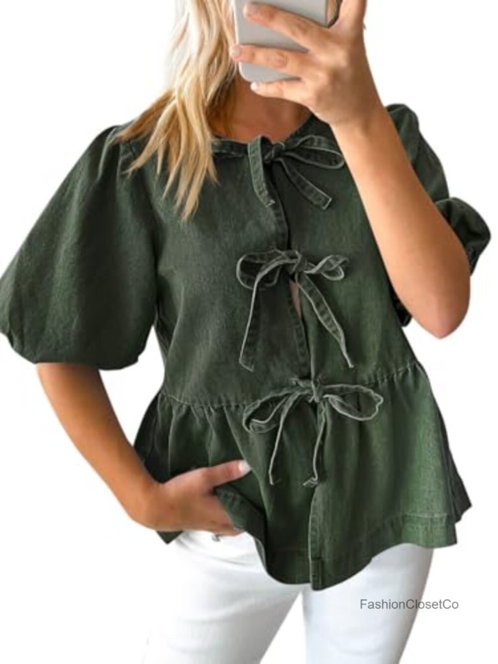 Women's Puff Sleeve Tie Front Denim Peplum Blouse
